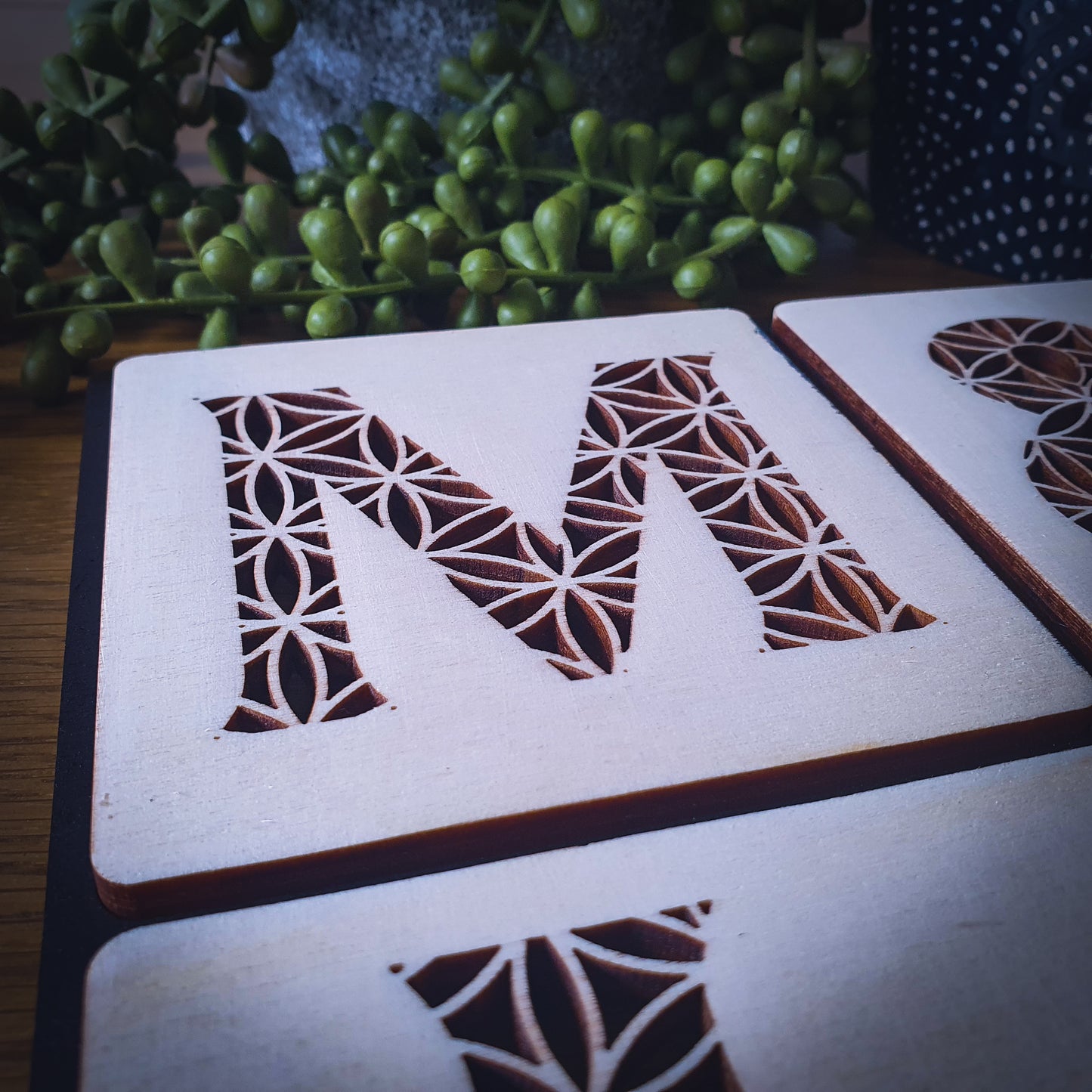 Custom Couples Wooden Coaster Set – Floral Laser Cut Design