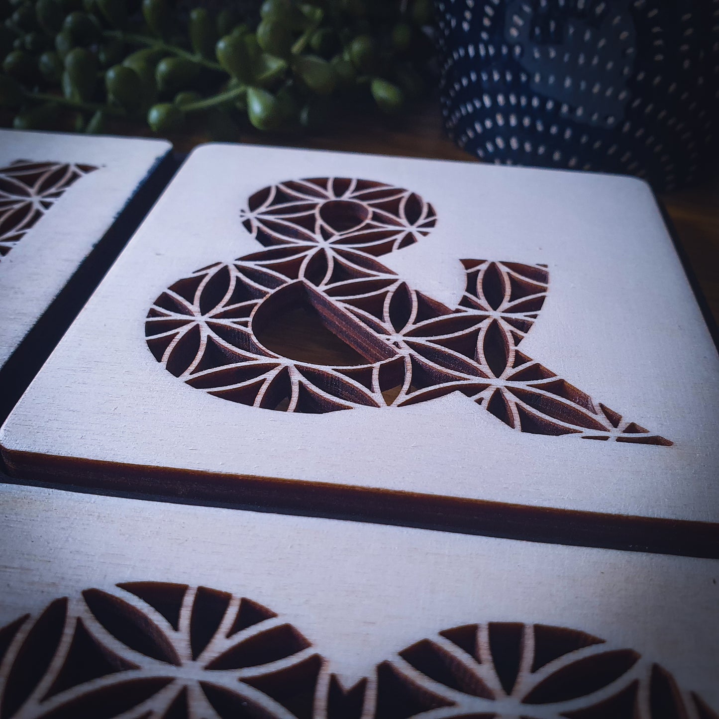 Custom Couples Wooden Coaster Set – Floral Laser Cut Design