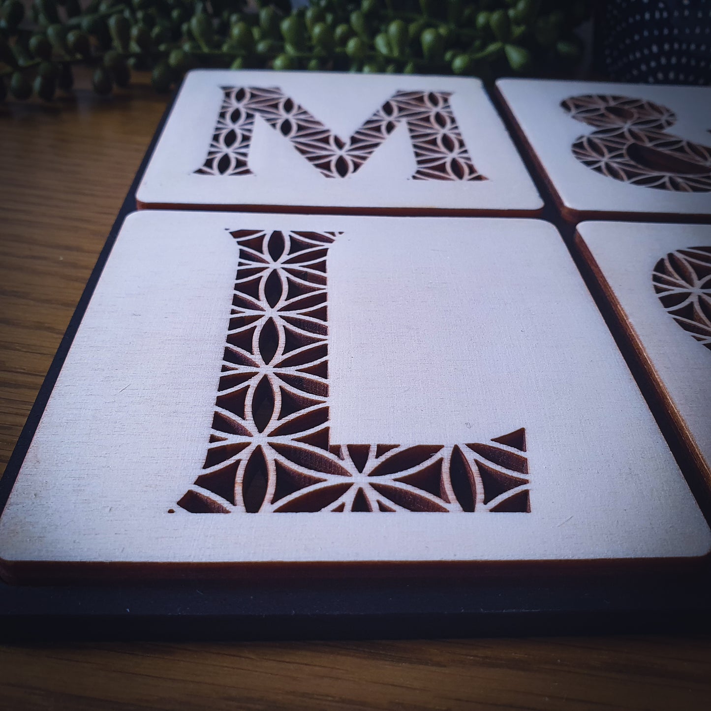 Custom Couples Wooden Coaster Set – Floral Laser Cut Design