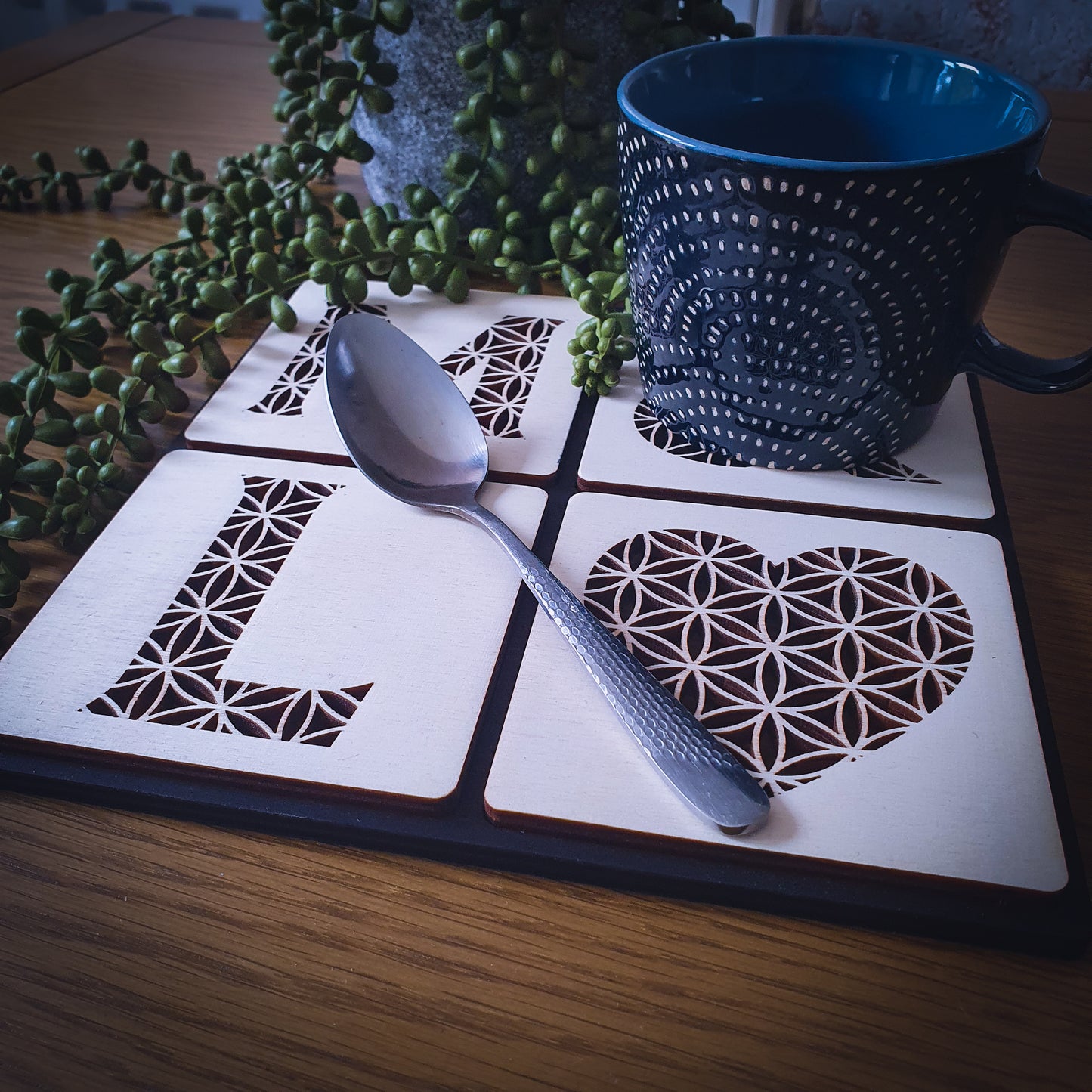Custom Couples Wooden Coaster Set – Floral Laser Cut Design