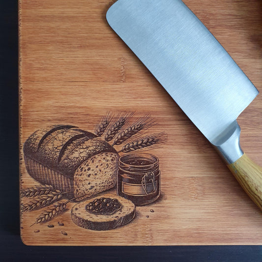 engraved bread board, Rustic Aged Bamboo Chopping Board, laser engraved | 24cm x 30cm