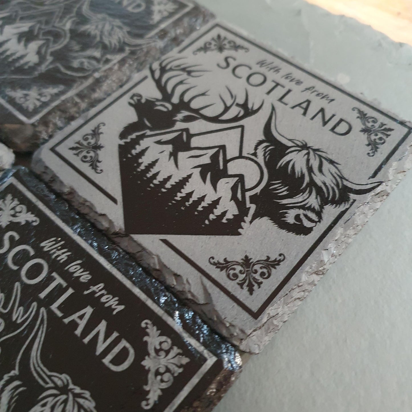 Laser engraved Scottish coasters – Scotland-Inspired | Highland Cow, Stag & Mountains