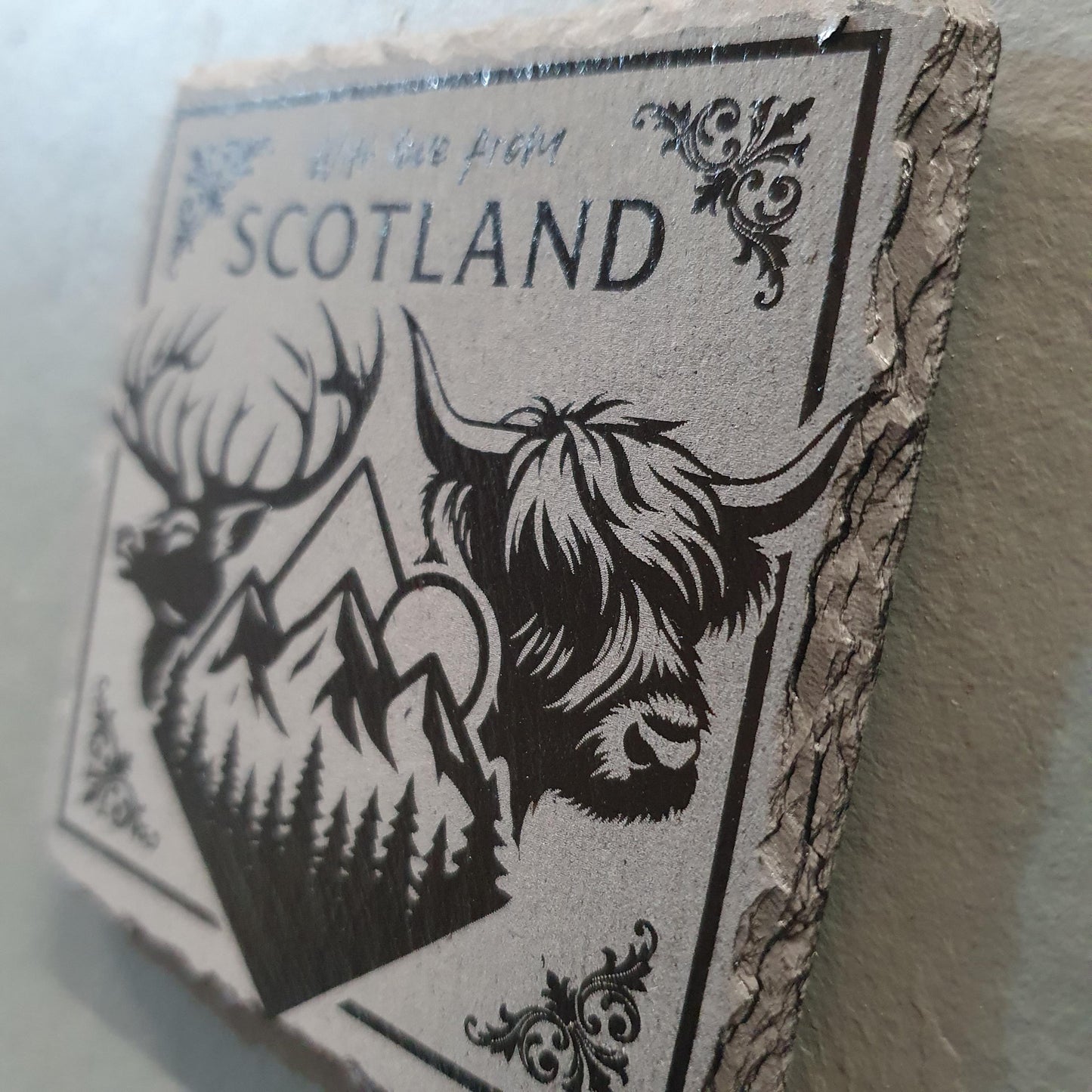 Laser engraved Scottish coasters – Scotland-Inspired | Highland Cow, Stag & Mountains