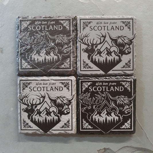 Laser engraved Scottish coasters – Scotland-Inspired | Highland Cow, Stag & Mountains