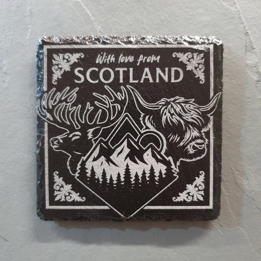 Laser engraved Scottish coasters – Scotland-Inspired | Highland Cow, Stag & Mountains