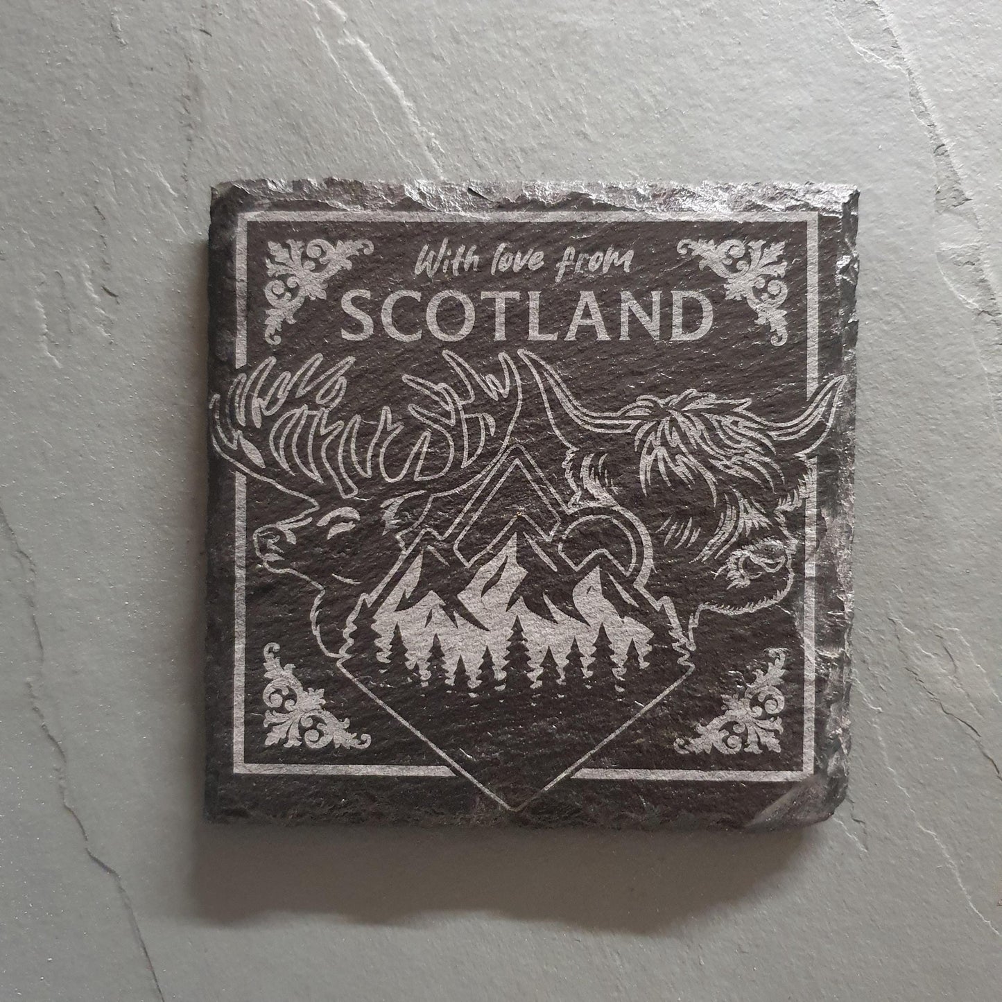 Laser engraved Scottish coasters – Scotland-Inspired | Highland Cow, Stag & Mountains