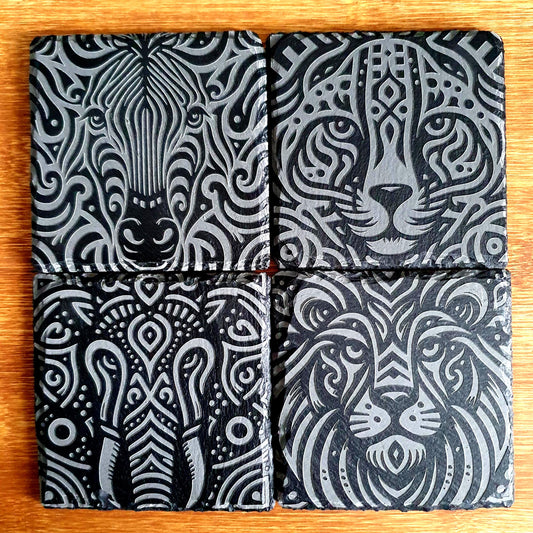 Safari coasters, laser engraved | Deep Engraved Tribal Animal Designs
