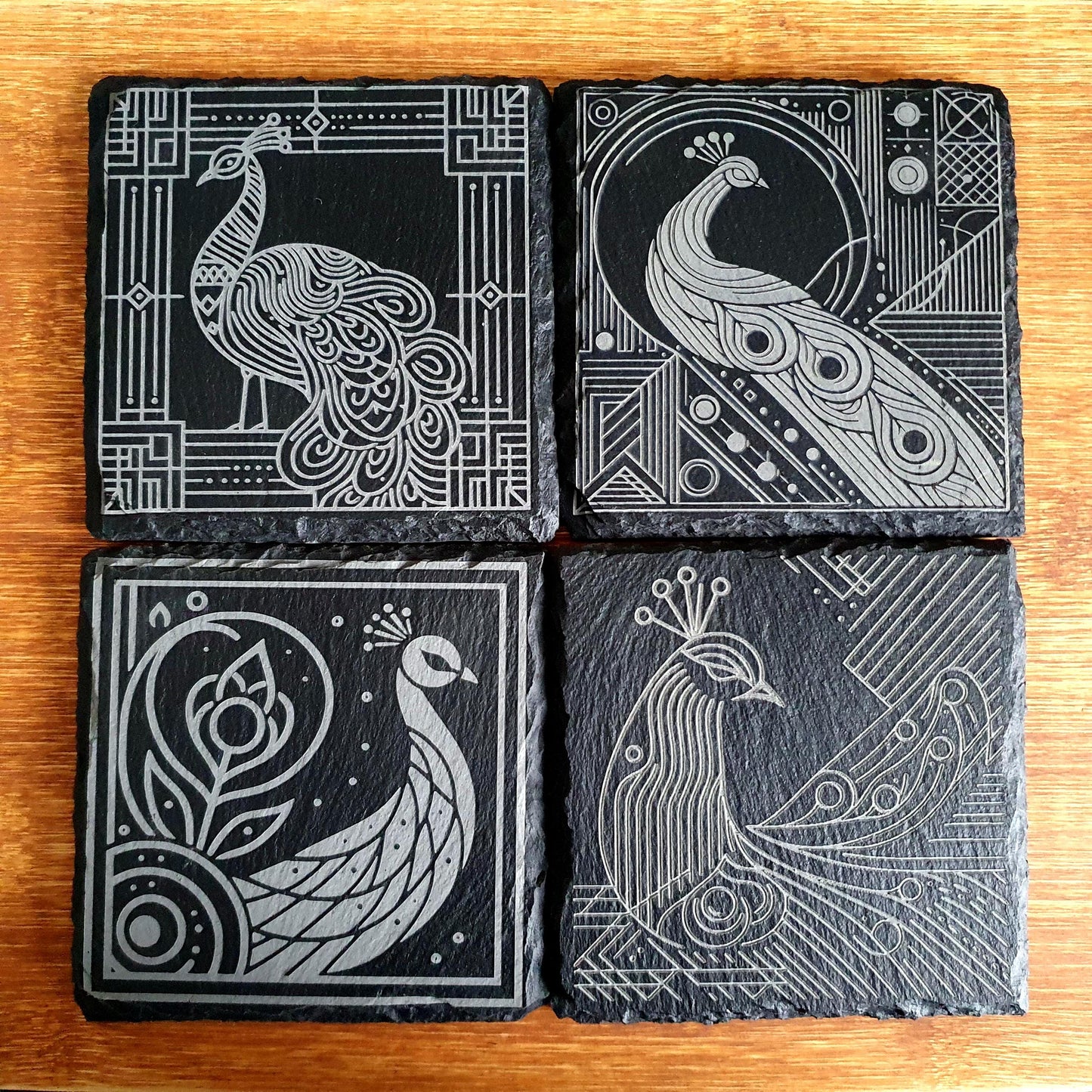 Peacock coasters, laser engraved – Geometric Peacock Design | Elegant Bird-Inspired Decor | Unique Gift Set