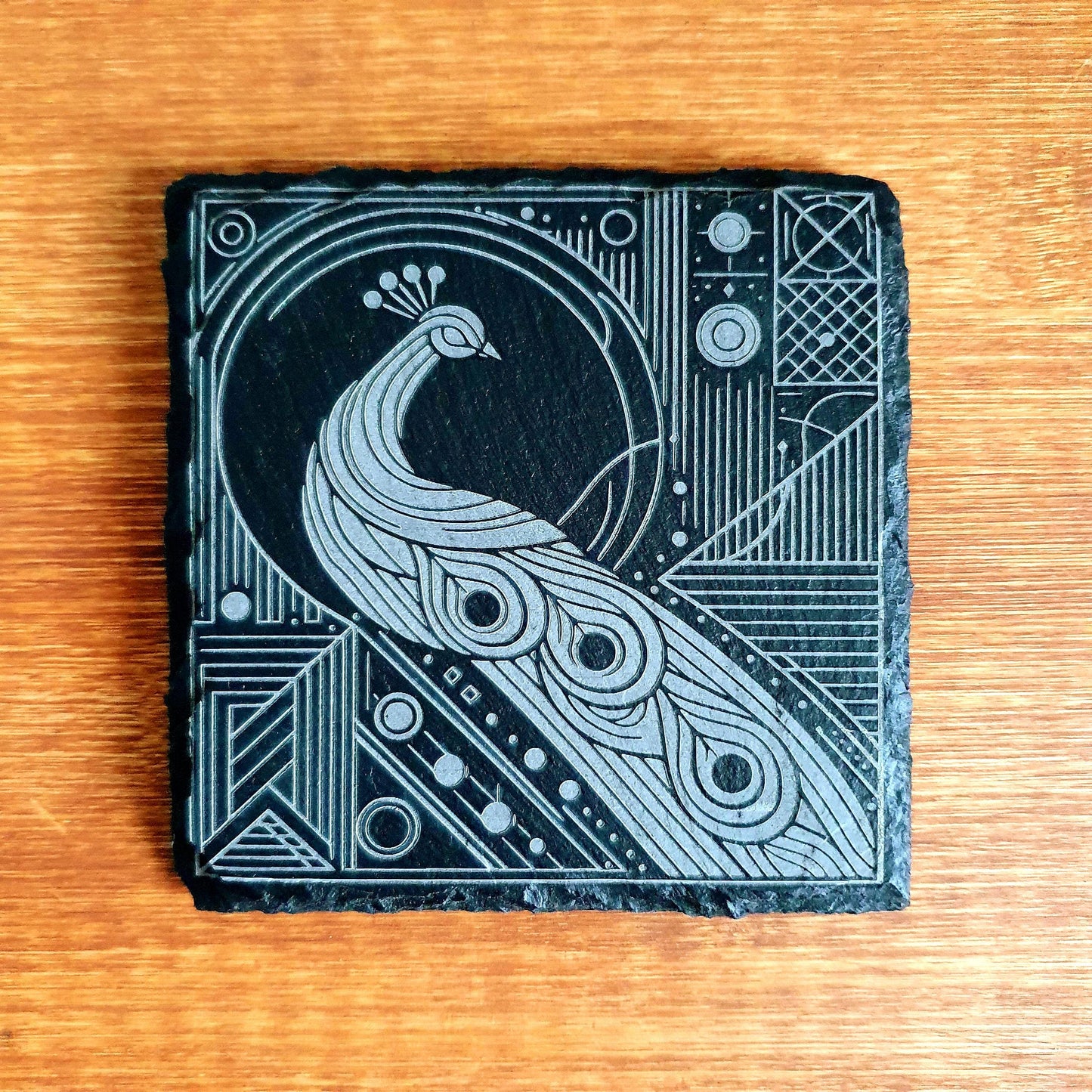 Peacock coasters, laser engraved – Geometric Peacock Design | Elegant Bird-Inspired Decor | Unique Gift Set