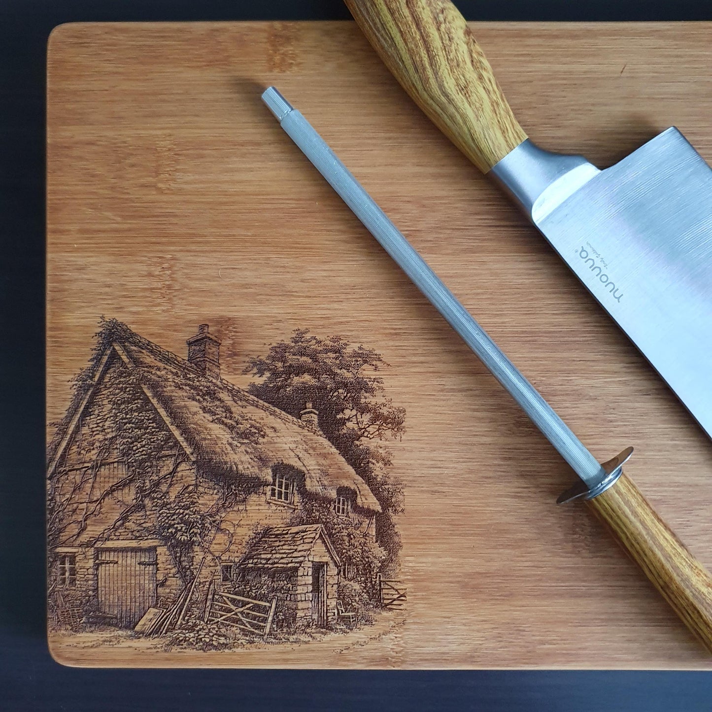 Farmhouse chopping board, laser engraved, Rustic Aged Bamboo | 24cm x 30cm
