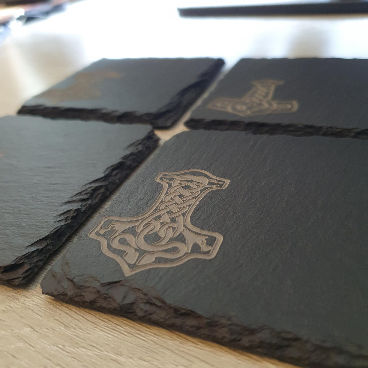 Deep Engraved Viking Coasters – Ancient Mjolnir Designs – Norse Mythology Gift – Deep Engraved Textured Finish – Viking Decor