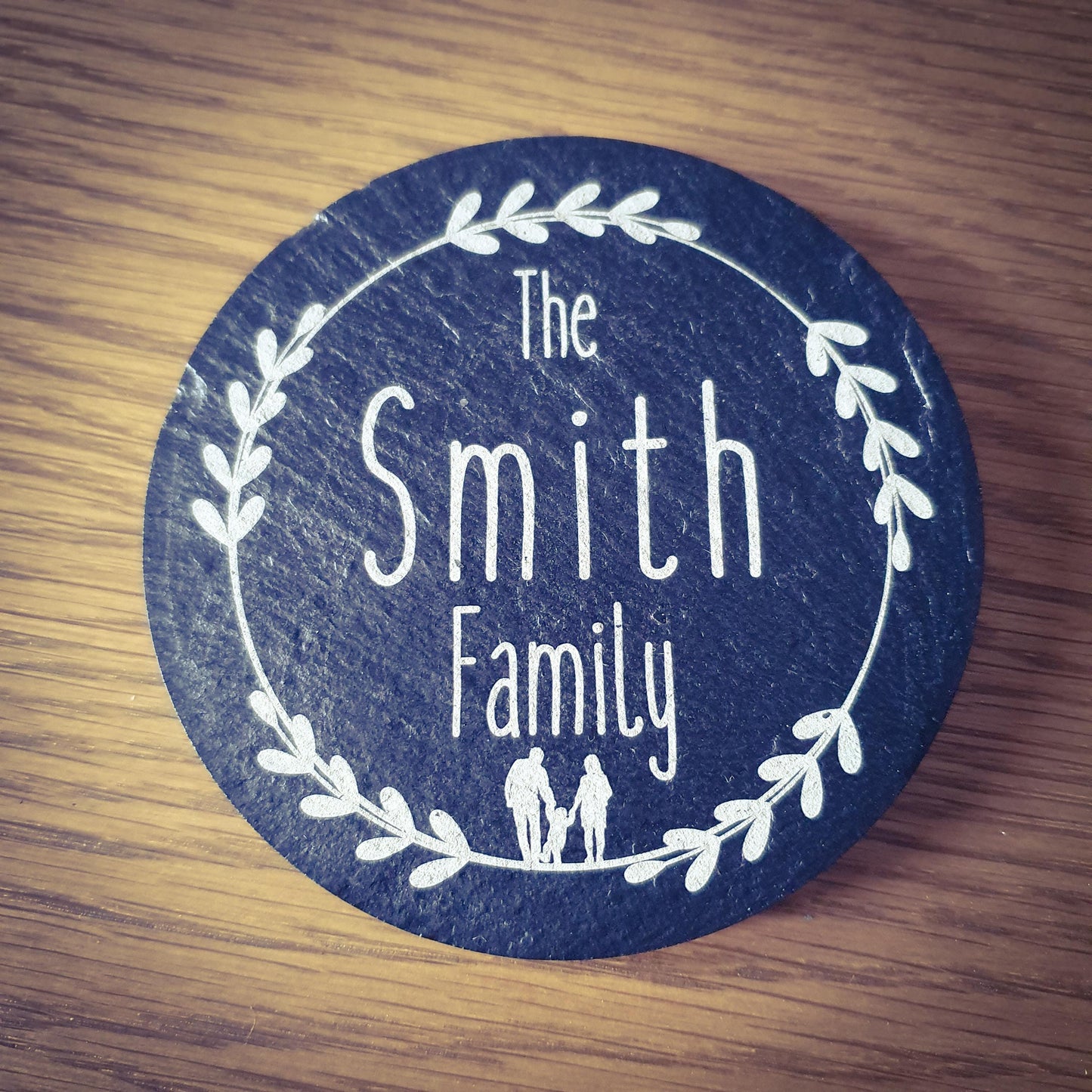 Personalised Slate Coasters x4 – Family Name | 9 Laser Engraved Designs | Custom Family Name Gift Set