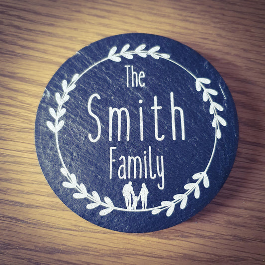 Personalised Slate Coasters x4 – Family Name | 9 Laser Engraved Designs | Custom Family Name Gift Set
