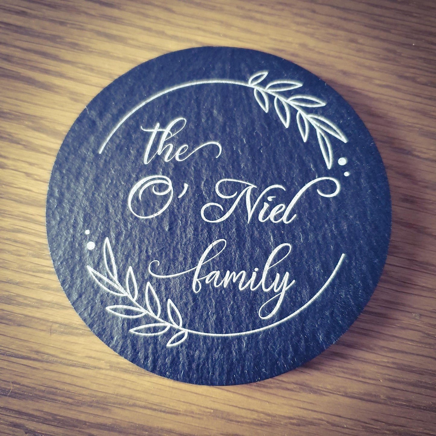 Personalised Slate Coasters x4 – Family Name | 9 Laser Engraved Designs | Custom Family Name Gift Set