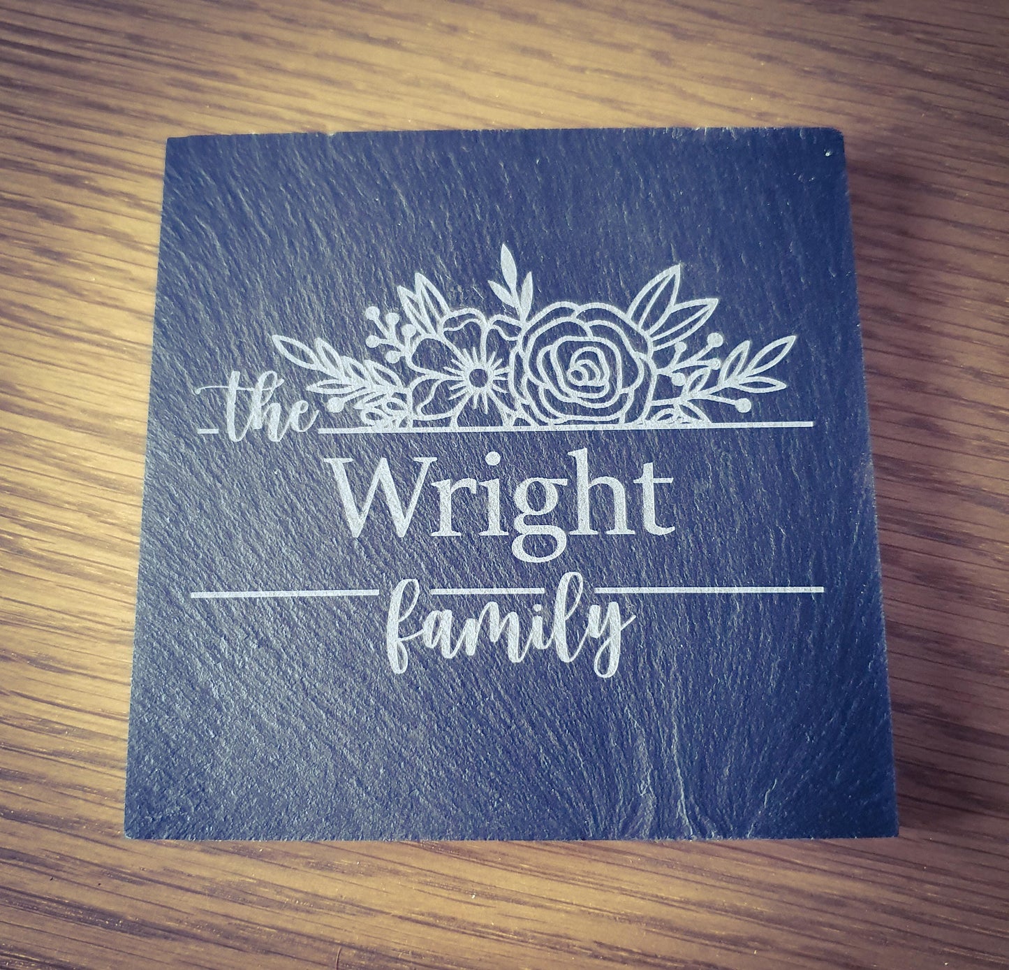 Personalised Slate Coasters x4 – Family Name | 9 Laser Engraved Designs | Custom Family Name Gift Set