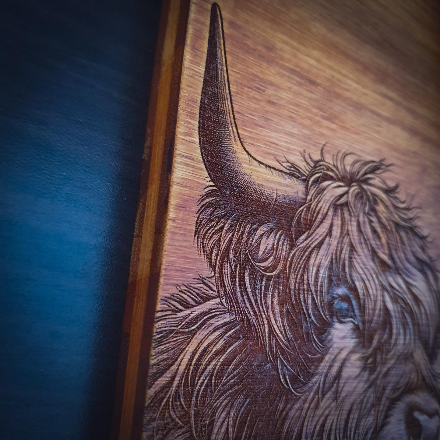 Highland Cow chopping board, Rustic Aged Bamboo Chopping Board, laser engraved | 24cm x 30cm