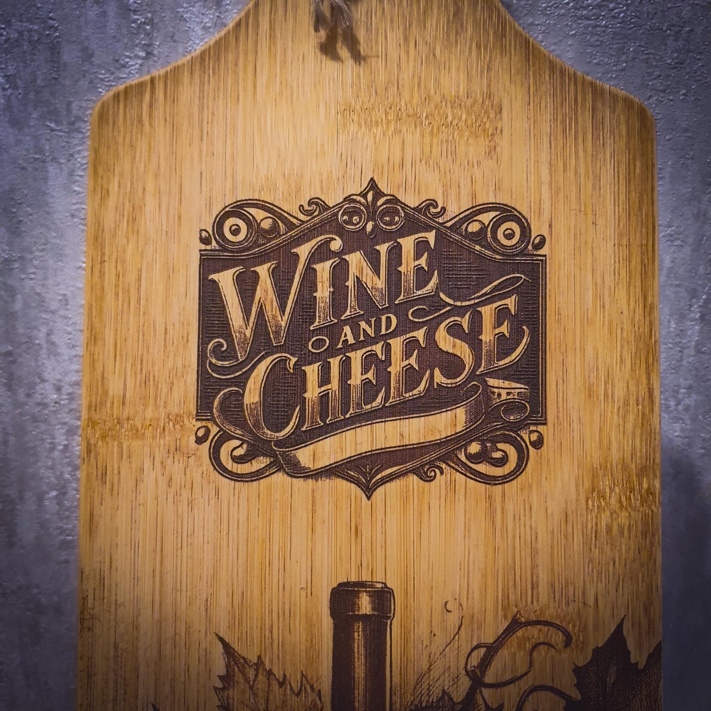 Wine and Cheese Serving Board – Laser Engraved Long Bamboo Platter | Rustic Wine Bottle and Cheese Design