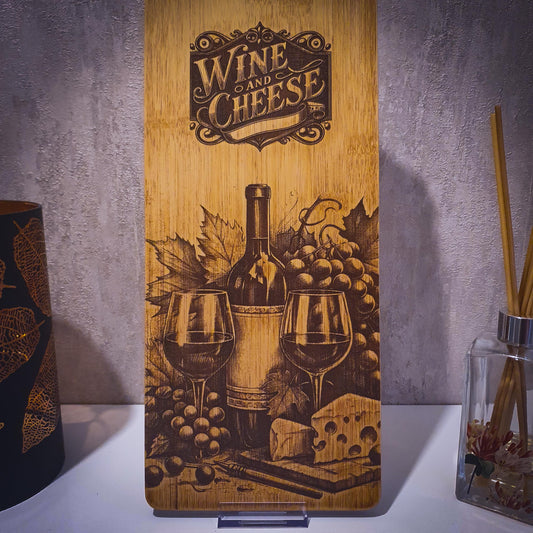 Wine and Cheese Serving Board – Laser Engraved Long Bamboo Platter | Rustic Wine Bottle and Cheese Design