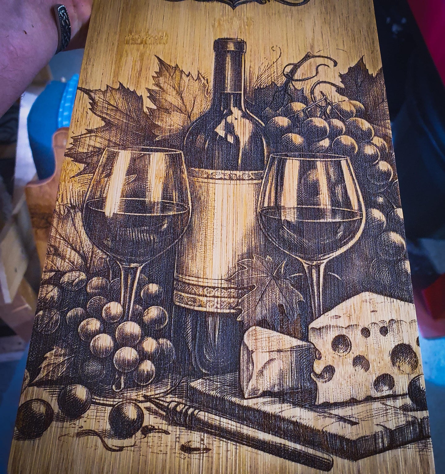 Wine and Cheese Serving Board – Laser Engraved Long Bamboo Platter | Rustic Wine Bottle and Cheese Design