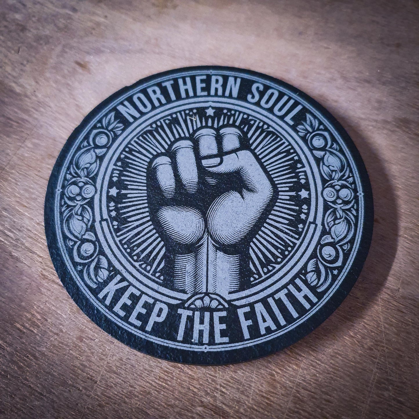 Set of 6 Northern Soul Slate Coasters – With Fist & Venue Names | 100mm Round | Wigan Casino, Twisted Wheel and More