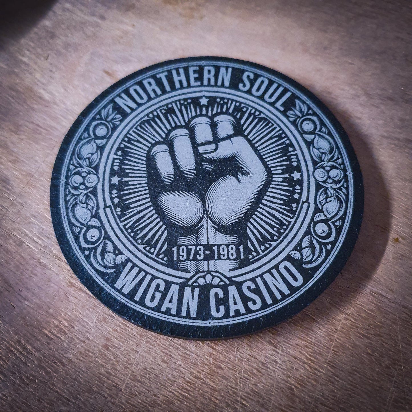 Set of 6 Northern Soul Slate Coasters – With Fist & Venue Names | 100mm Round | Wigan Casino, Twisted Wheel and More