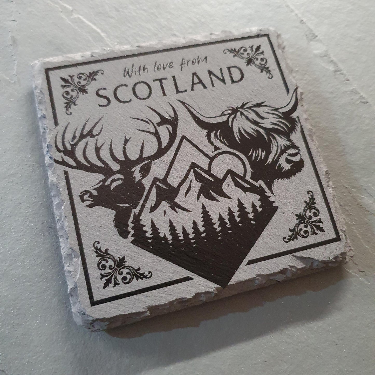 Laser engraved Scottish coasters – Scotland-Inspired | Highland Cow, Stag & Mountains