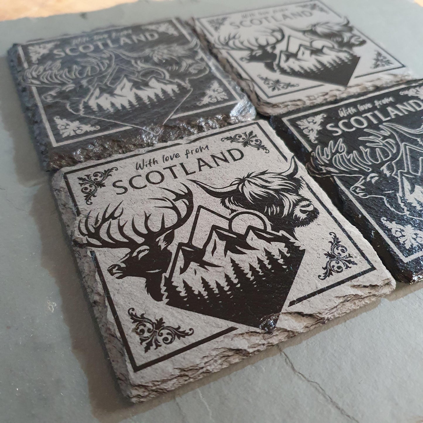 Laser engraved Scottish coasters – Scotland-Inspired | Highland Cow, Stag & Mountains