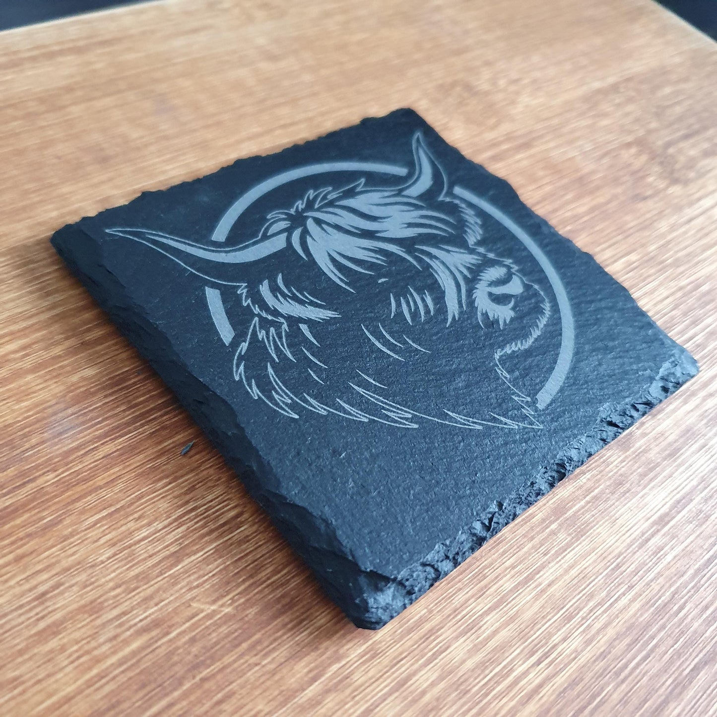 Highland Cow Slate Coaster – Modern Laser Engraved Portrait | Rustic Farmhouse Decor | Single Coaster Gift