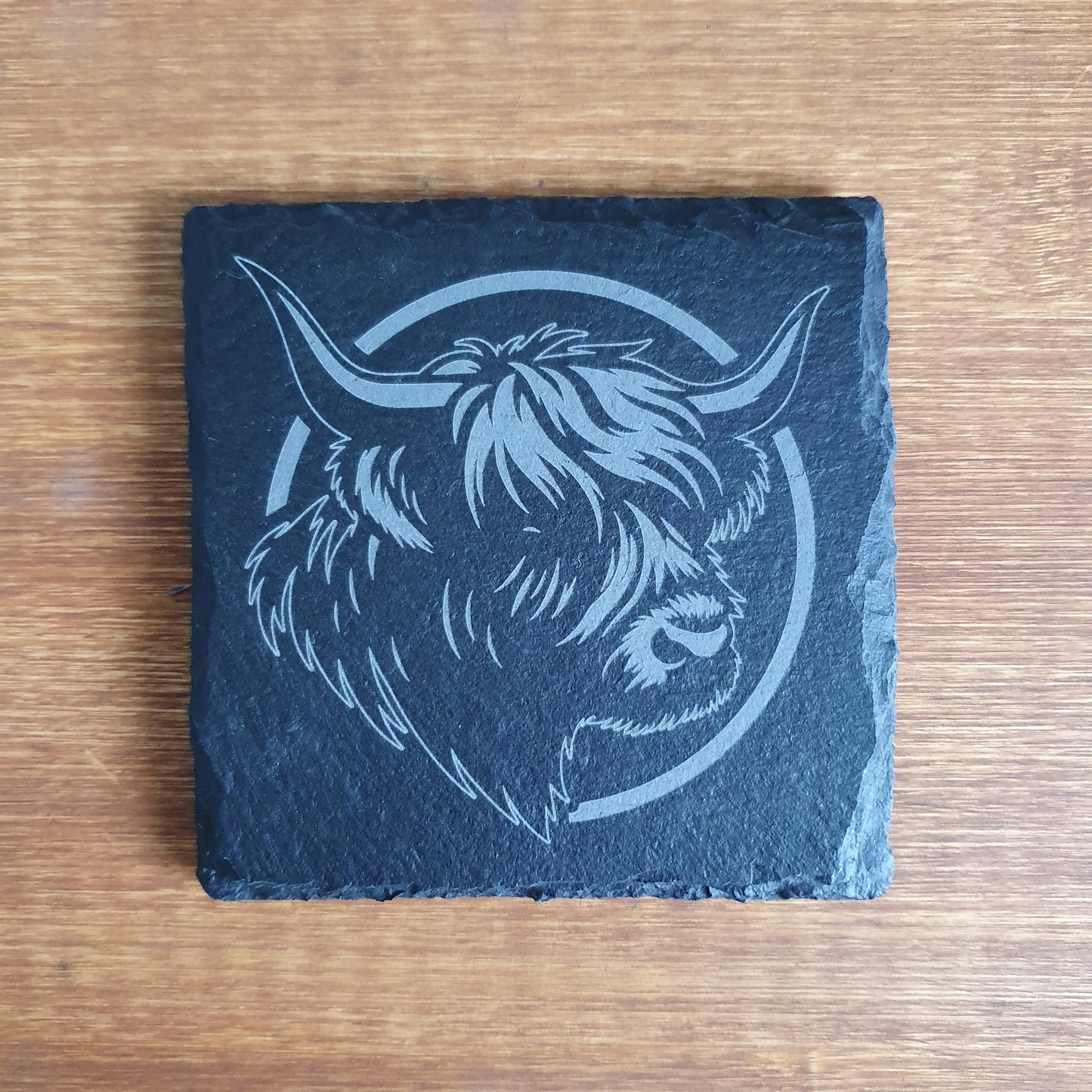 Highland Cow Slate Coaster – Modern Laser Engraved Portrait | Rustic Farmhouse Decor | Single Coaster Gift