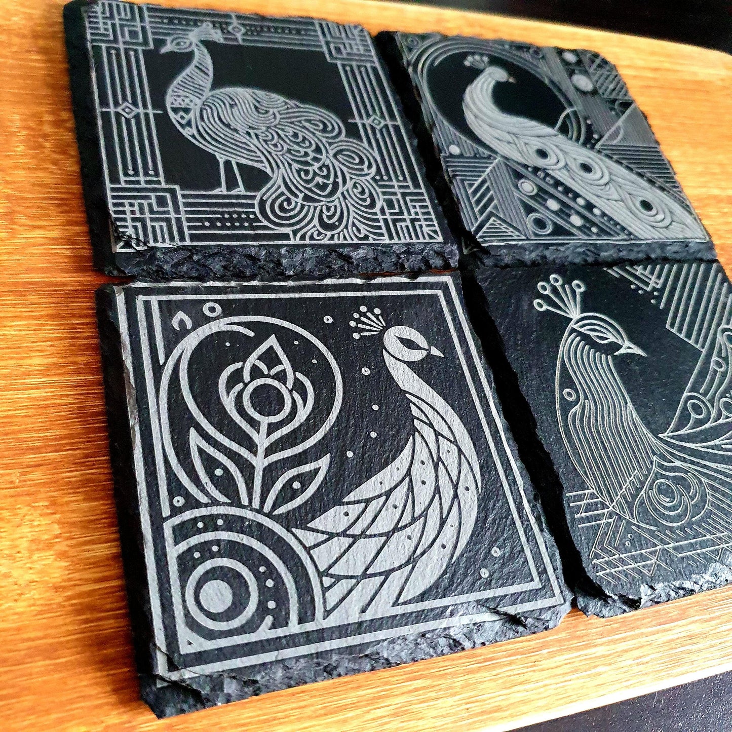Peacock coasters, laser engraved – Geometric Peacock Design | Elegant Bird-Inspired Decor | Unique Gift Set