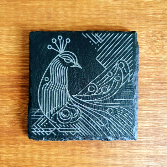 Peacock coasters, laser engraved – Geometric Peacock Design | Elegant Bird-Inspired Decor | Unique Gift Set