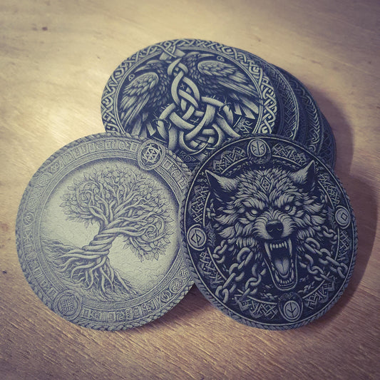 Viking Mythology Coasters – Fenrir, Tree of Life, Huginn and Muninn, Sköll & Hati, Triskelion, Triquetra | Laser Engraved Slate