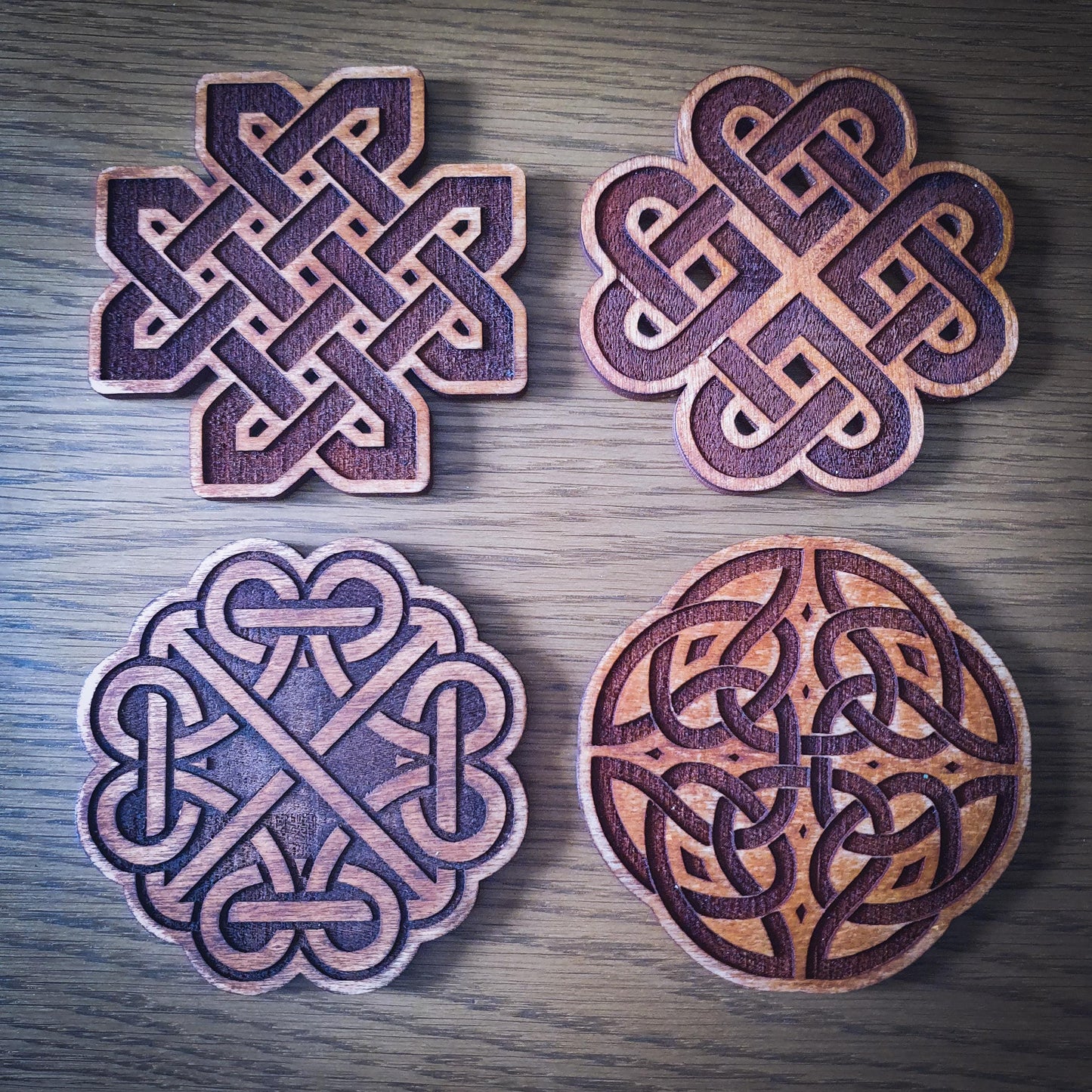 Celtic Knot Wooden Coaster Set – Aged wood, New Age Coasters, Ancient Celtic design.