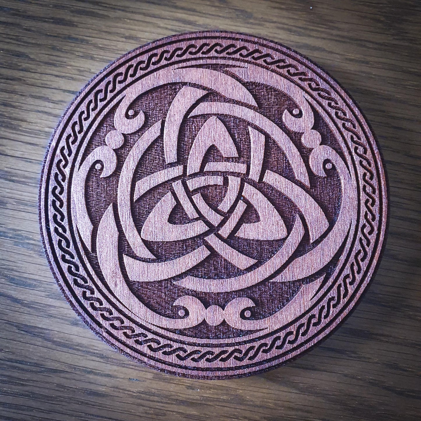 Celtic Triquetra Wooden Coaster – Round 100mm Laser Cut Design with Knotwork Border, Rustic Aged Finish