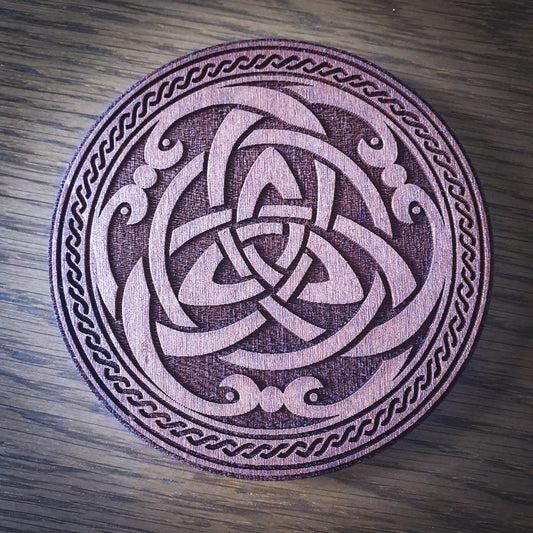 Celtic Triquetra Wooden Coaster – Round 100mm Laser Cut Design with Knotwork Border, Rustic Aged Finish