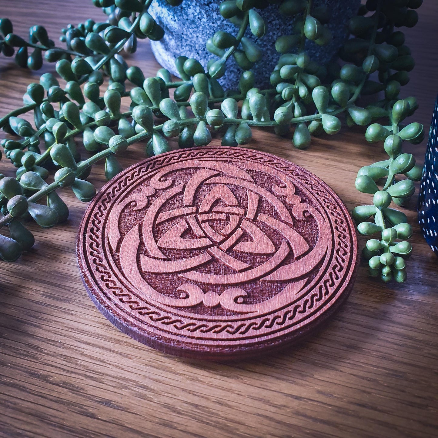 Celtic Triquetra Wooden Coaster – Round 100mm Laser Cut Design with Knotwork Border, Rustic Aged Finish