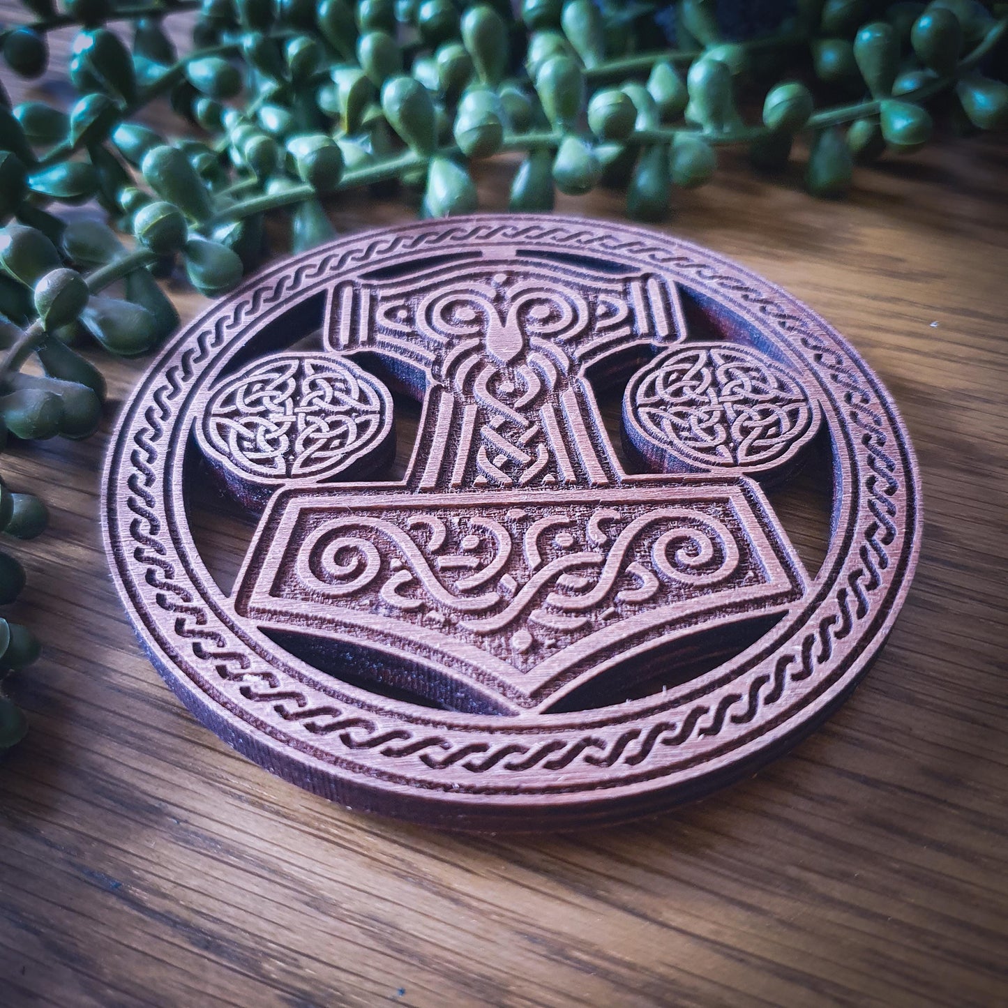 Thor’s Hammer Wooden Coaster – Laser Cut Mjolnir with Celtic Knot Design, 100mm, Aged Finish, Norse Decor