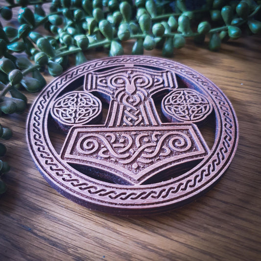 Thor’s Hammer Wooden Coaster – Laser Cut Mjolnir with Celtic Knot Design, 100mm, Aged Finish, Norse Decor
