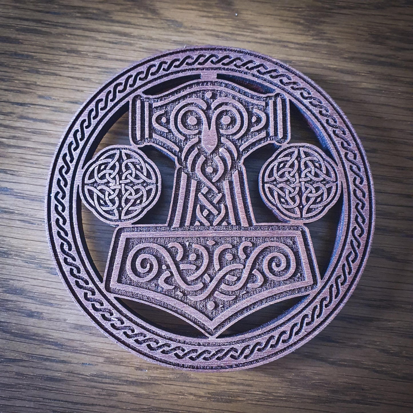 Thor’s Hammer Wooden Coaster – Laser Cut Mjolnir with Celtic Knot Design, 100mm, Aged Finish, Norse Decor