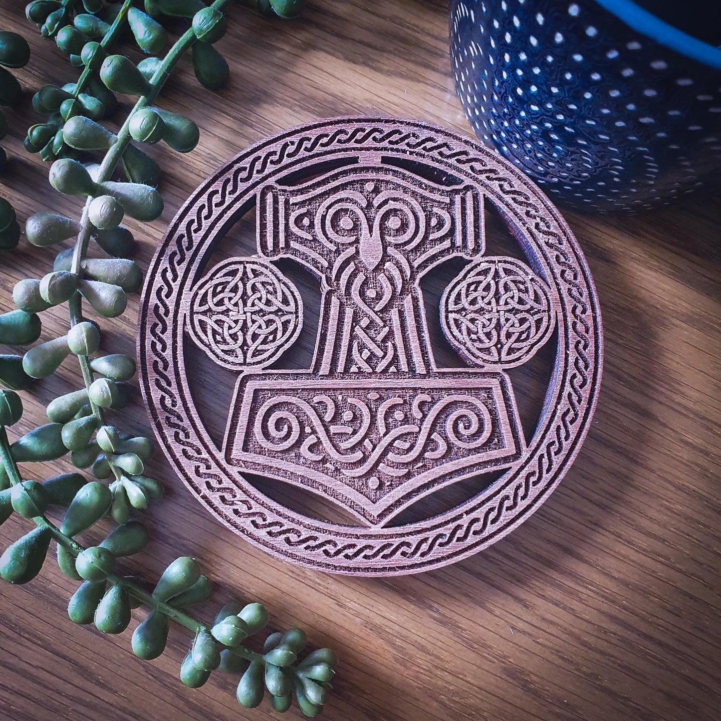 Thor’s Hammer Wooden Coaster – Laser Cut Mjolnir with Celtic Knot Design, 100mm, Aged Finish, Norse Decor
