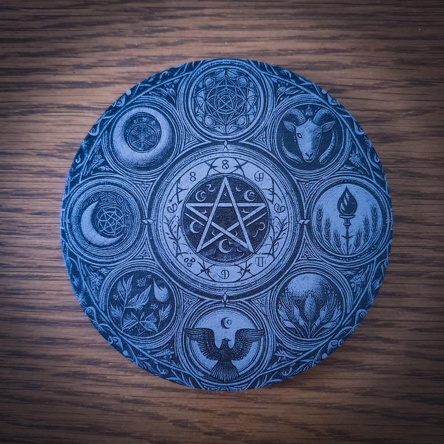 Set of 6 Occult Slate Coasters – Gothic Home Decor | Halloween Gift | Laser Engraved 100mm Round Slate