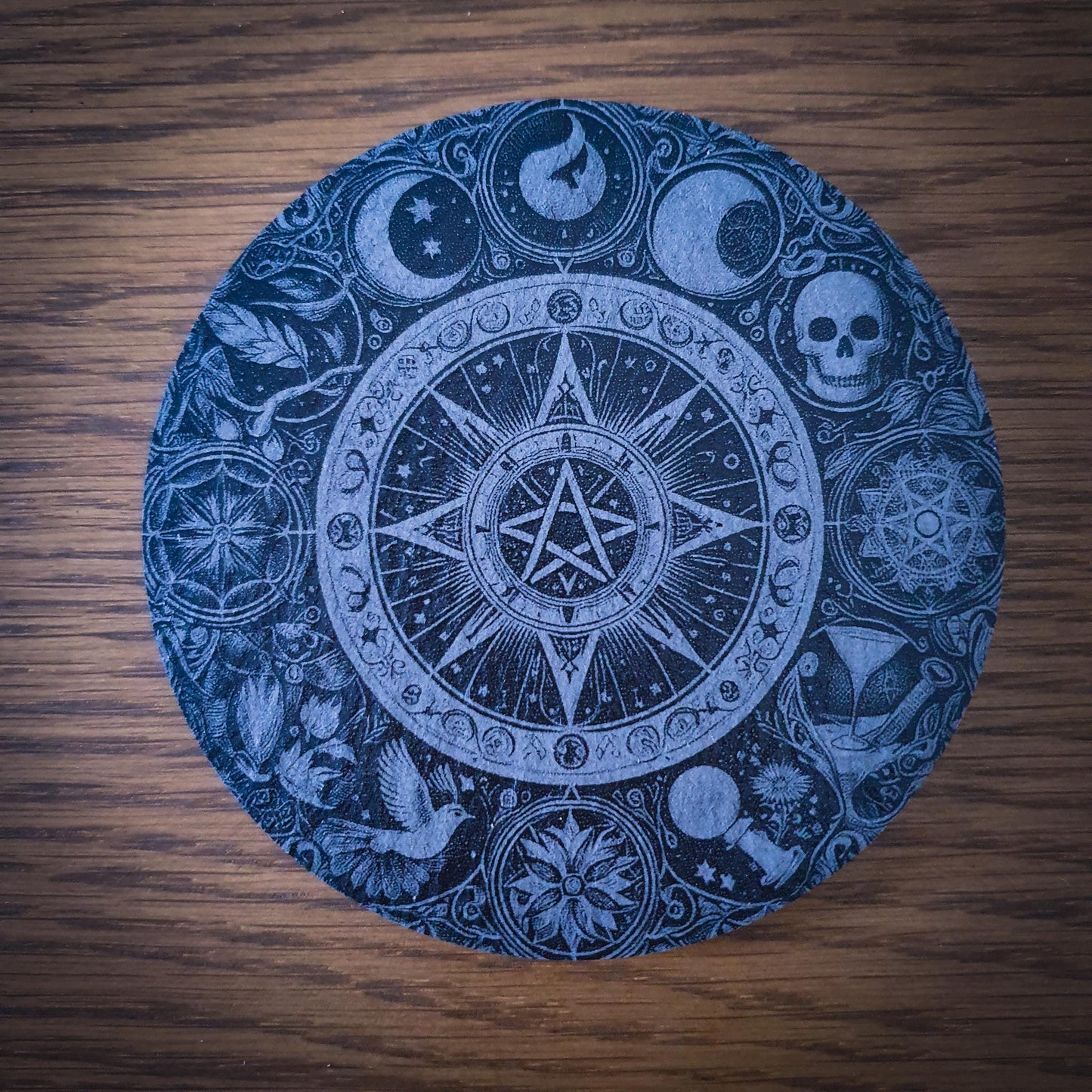 Set of 6 Occult Slate Coasters – Gothic Home Decor | Halloween Gift | Laser Engraved 100mm Round Slate