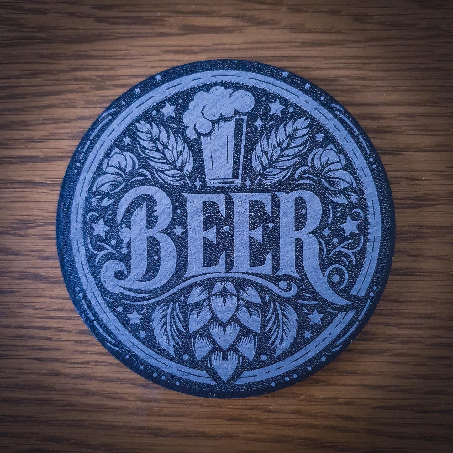 Set of 6 Beer-Themed Slate Coasters – Laser Engraved Round 100mm | Rustic Barware Gift for Beer Lovers