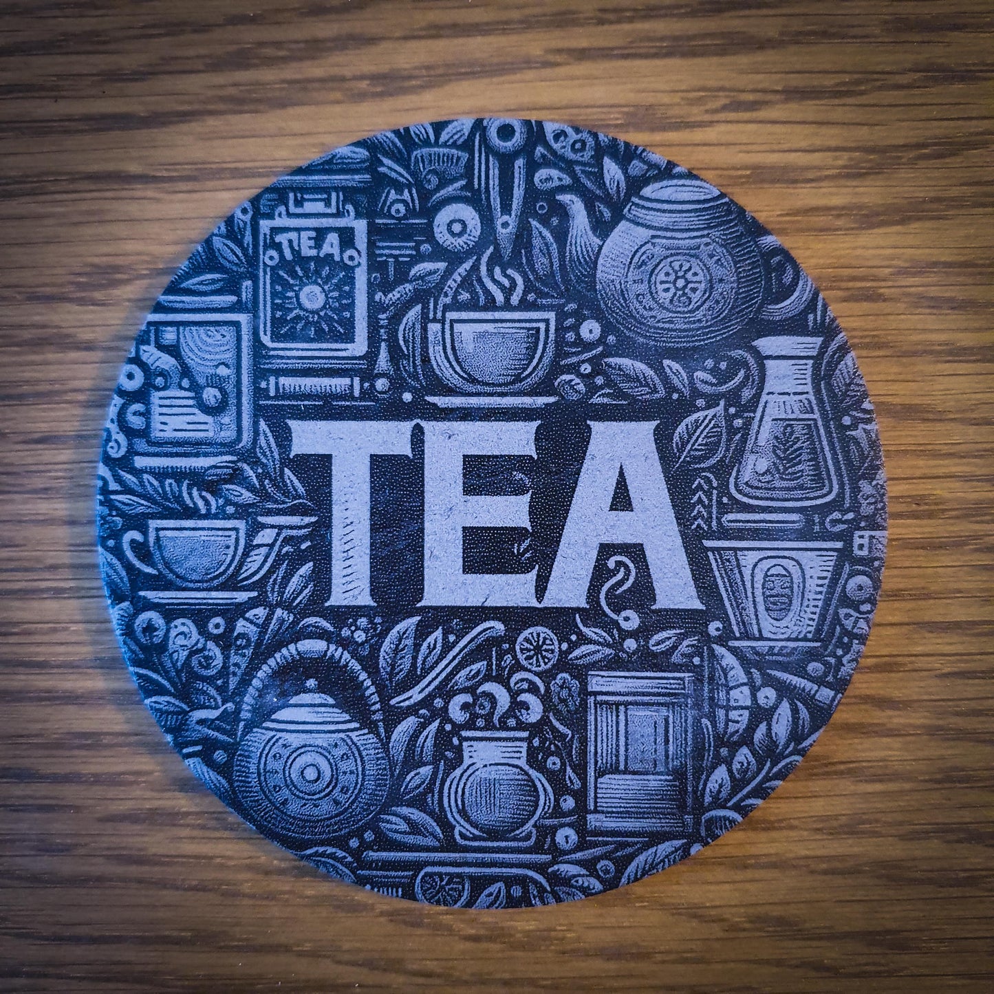 Set of 6 Tea-Themed Slate Coasters – Laser Engraved Round 100mm | Cosy Kitchen Decor | Gift for Tea Lovers