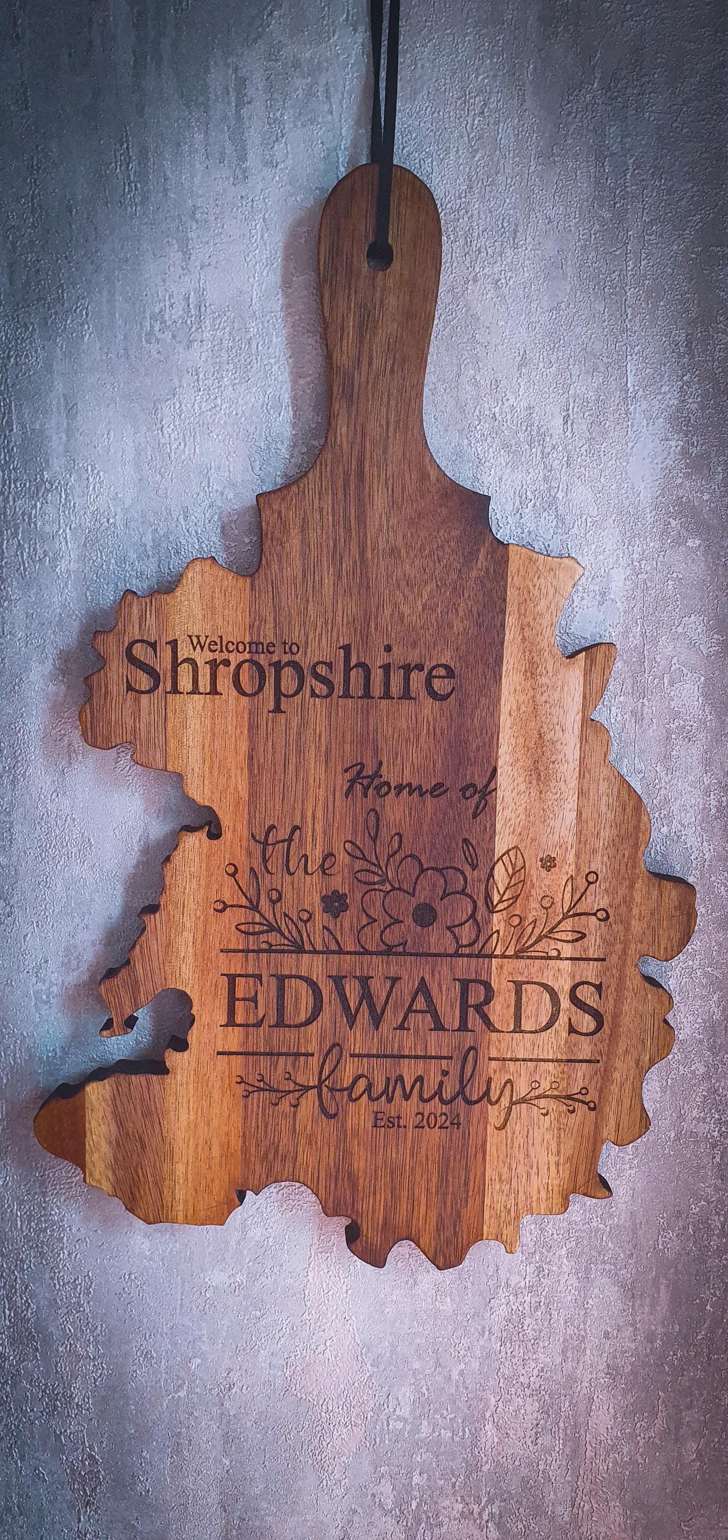 Personalised County Serving Board | In the shape of your home County  Acacia Engraved Home Décor | Housewarming Gift UK