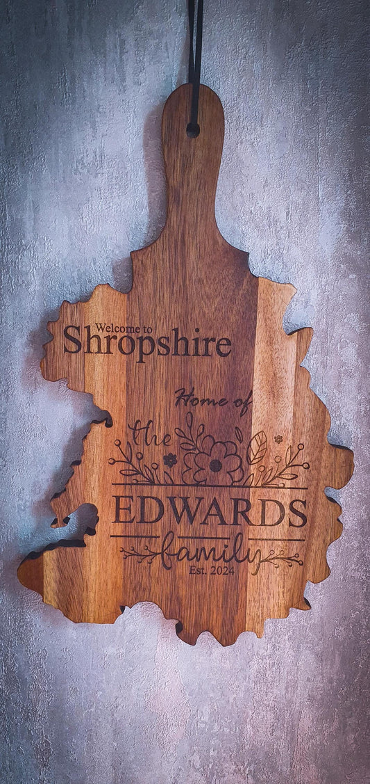 Personalised County Serving Board | In the shape of your home County  Acacia Engraved Home Décor | Housewarming Gift UK