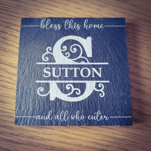 Personalised Slate Coasters x4 – Family Name | 9 Laser Engraved Designs | Custom Family Name Gift Set