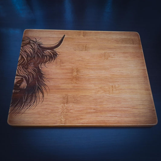 Highland Cow chopping board, Rustic Aged Bamboo Chopping Board, laser engraved | 24cm x 30cm