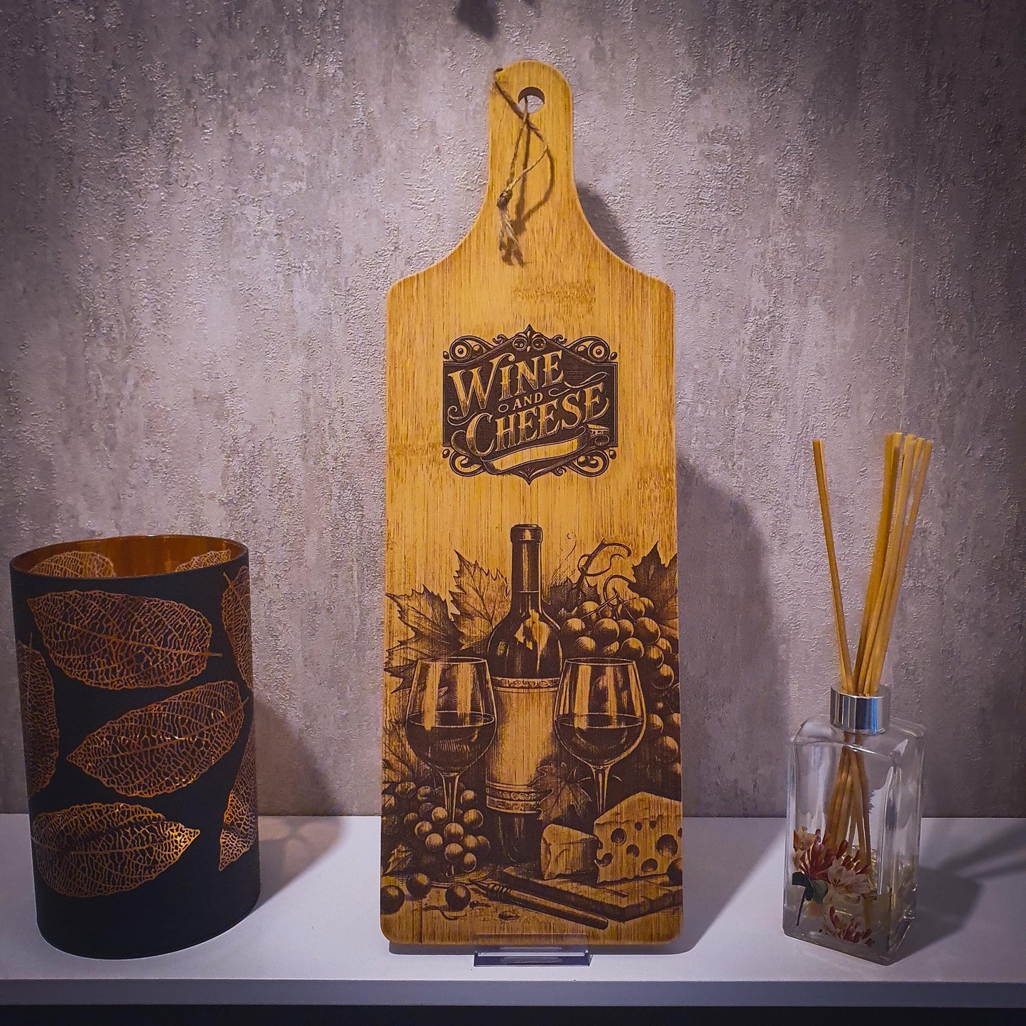 Wine and Cheese Serving Board – Laser Engraved Long Bamboo Platter | Rustic Wine Bottle and Cheese Design