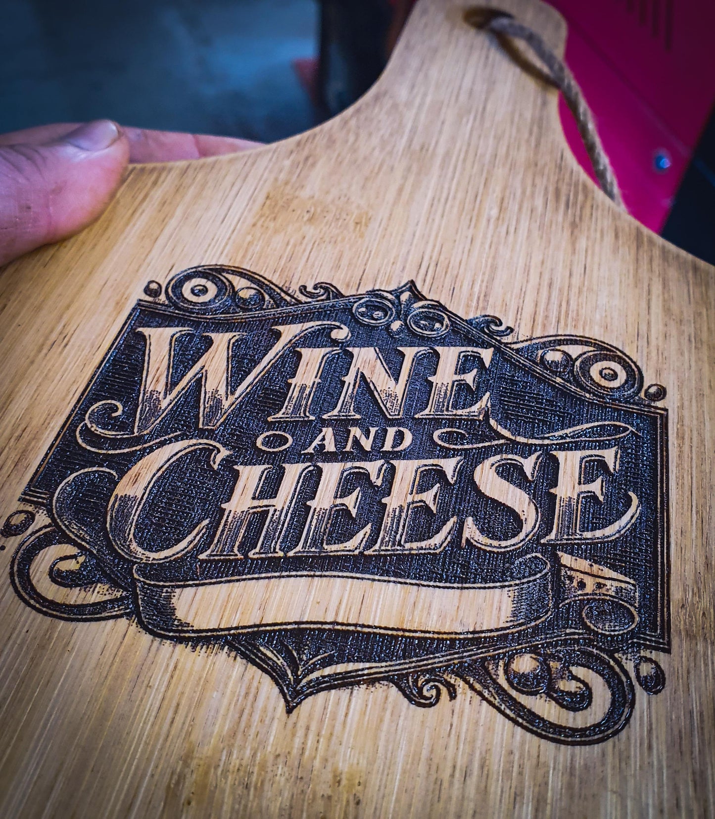 Wine and Cheese Serving Board – Laser Engraved Long Bamboo Platter | Rustic Wine Bottle and Cheese Design